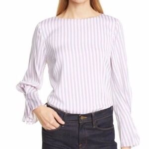 REVOLVE Lewit Silk Lavender Purple Striped Boat Neck Blouse W/ gathered sleeves